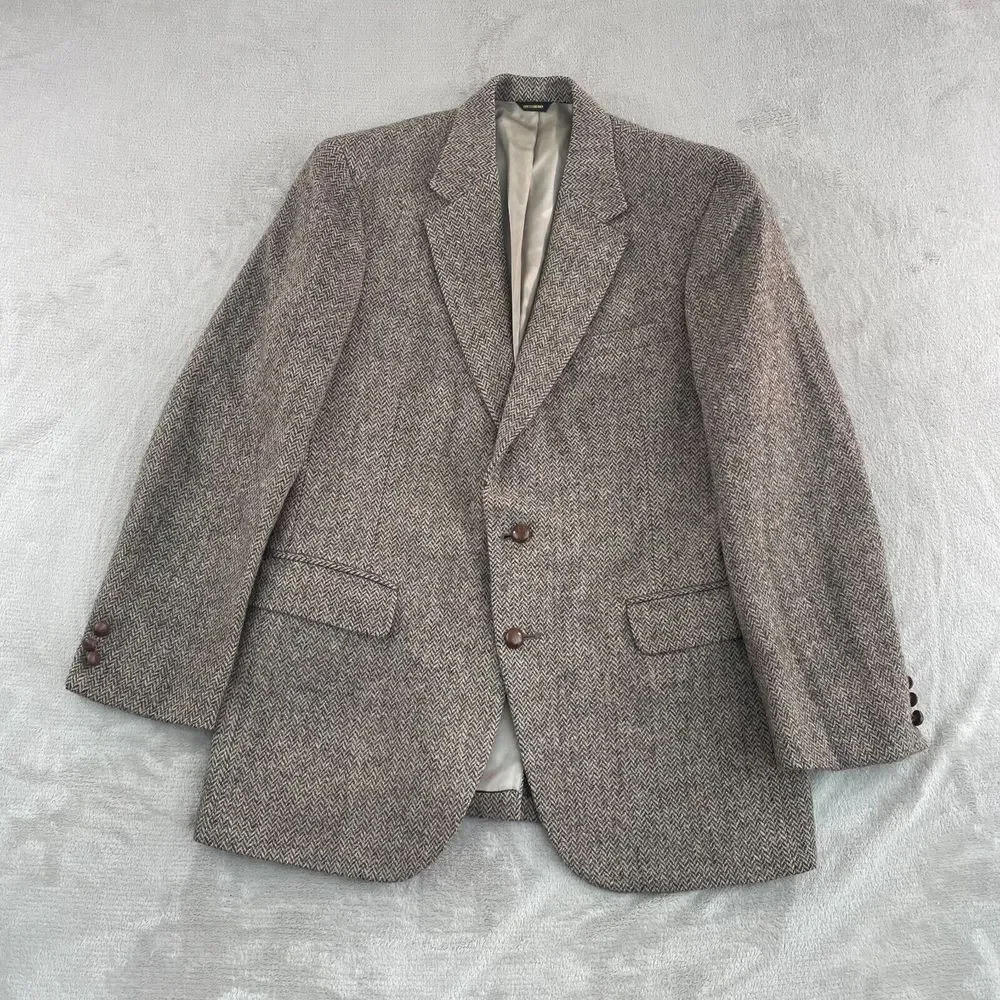 Vintage Harris Tweed‎ Blazer Jacket Sport Coat 40R Brown Herringbone 100% Wool